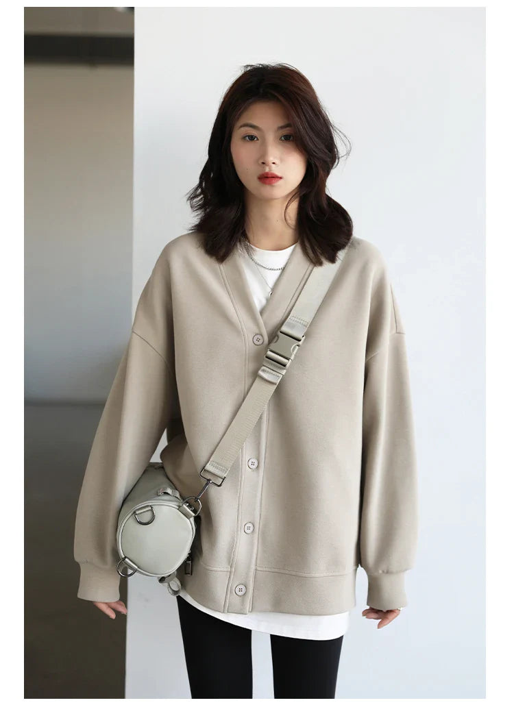 Korean Autumn Winter Women's Sports Coat Casual Loose V-neck Sweatshirt for Women Thick Warm Tops Office Lady Female