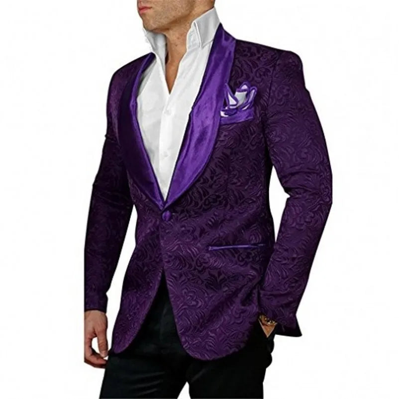 Groomsmen White Pattern Groom Tuxedos Shawl Satin Lapel Men Suits 2 Pieces Wedding Bridegroom ( Jacket + Pants + Tie  ) D201