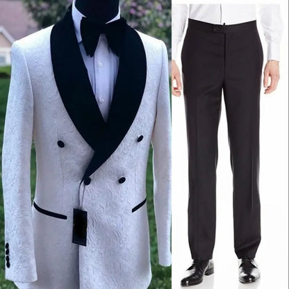 Groomsmen White Pattern Groom Tuxedos Shawl Satin Lapel Men Suits 2 Pieces Wedding Bridegroom ( Jacket + Pants + Tie  ) D201