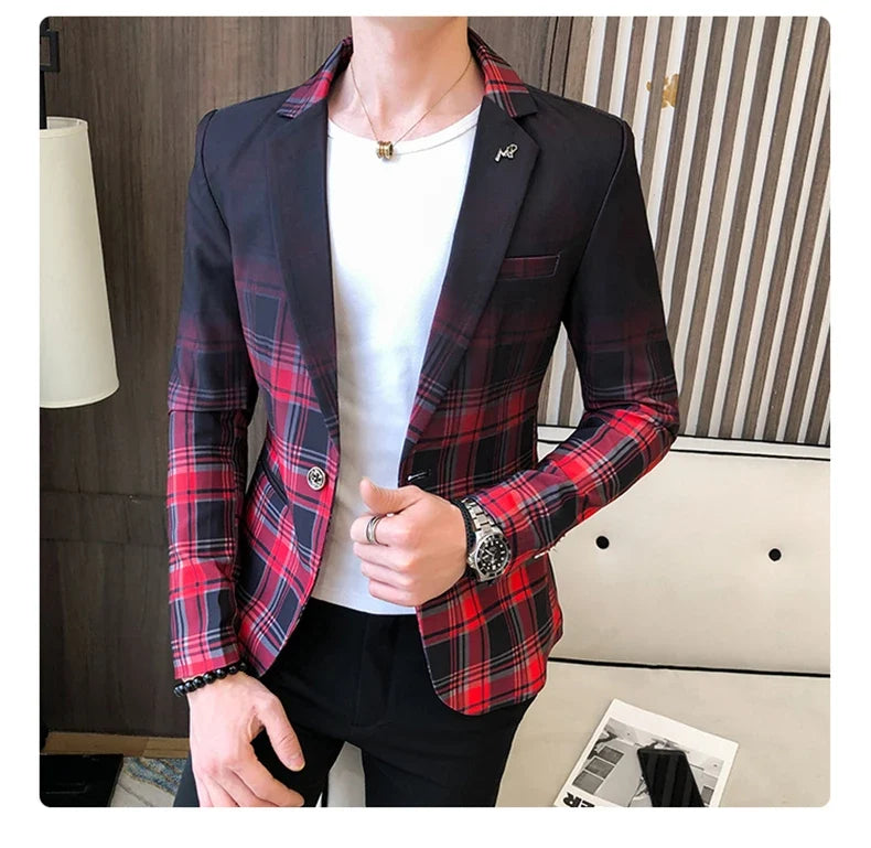 2022 Spring New Colorblock Plaid Blazer Men Slim Casual Man Blazers Wedding Business Party Clothing Dress Coat Blazer M-3XL