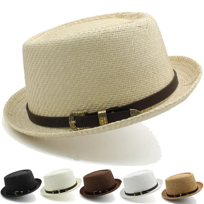 Men Women Classical Straw Pork Pie Hats Fedora Sunhats Trilby Caps Summer Boater Beach Outdoor Travel Party Size US 7 1/4 UK L