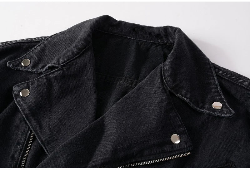 Men's Zippers Black Biker Jean Jacket Streetwear Thick Denim Slim Coat with Belt High Quality