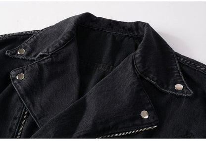 Men's Zippers Black Biker Jean Jacket Streetwear Thick Denim Slim Coat with Belt High Quality