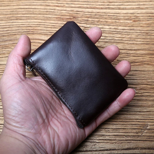 Mini porte-monnaie en cuir véritable pour hommes, portefeuille en cuir de vachette première couche, pochette zippée vintage, porte-cartes court pour femmes, étui à clés NZPJ