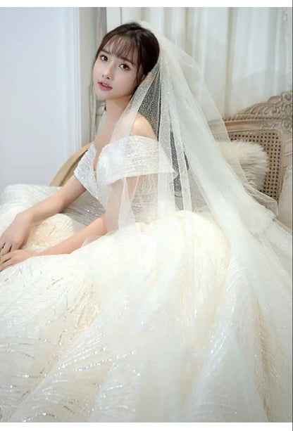 Cheap Wedding Dress Shiny Wedding Dress Classic Boat Neck Bridal Party Gown Vestido De Noiva Robe De Mariee Customized