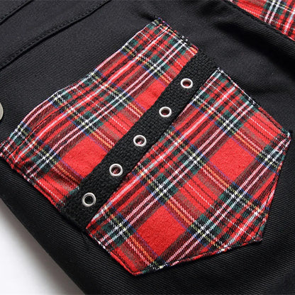 Men Punk Jeans Trendy Scotland Plaid Tartan Black Denim Pants Streetwear Rivet Patchwork Spliced Slim Straight Trousers