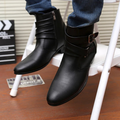Fashion Men Spring Autumn Pointed Toe Height Increase Chelsea Ankle Boots Western High Top Casual Shoe PU Leather