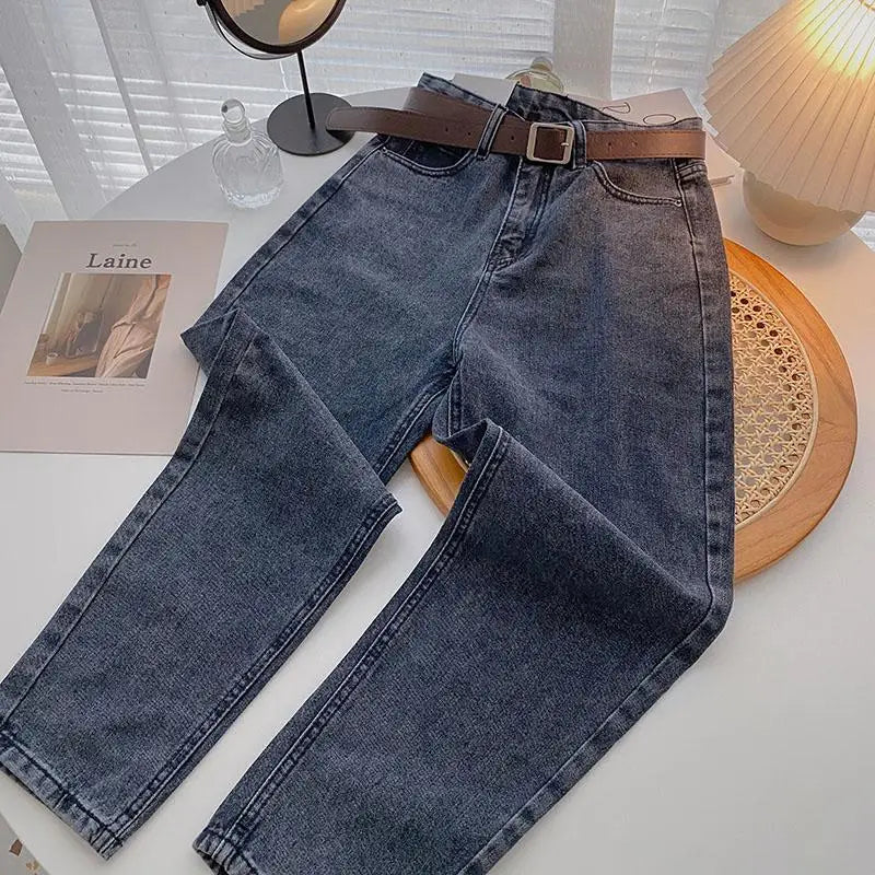 Straight Jeans Women with Belt Vintage Basic Blue Ankle-length Denim Pants Boyfriend Gray Jeans Korean 2021