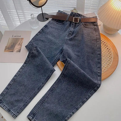 Straight Jeans Women with Belt Vintage Basic Blue Ankle-length Denim Pants Boyfriend Gray Jeans Korean 2021