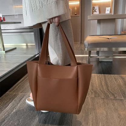 High Quality Soft Leather Woman Casual Tote Shopper Solid Color Handbags Large Capacity Single Shoulder Bag with Outer Pocket