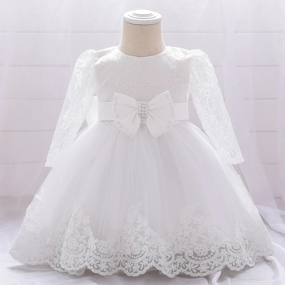 Long Sleeve Baby Girls Dress Newborn White Baptism Tulle Party Wedding 1st Birthday Princess Dresses Infant Girls Bow Prom Gown