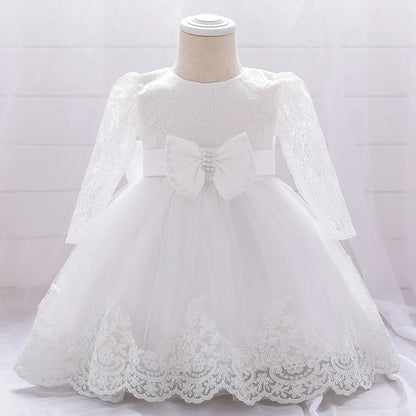 Long Sleeve Baby Girls Dress Newborn White Baptism Tulle Party Wedding 1st Birthday Princess Dresses Infant Girls Bow Prom Gown