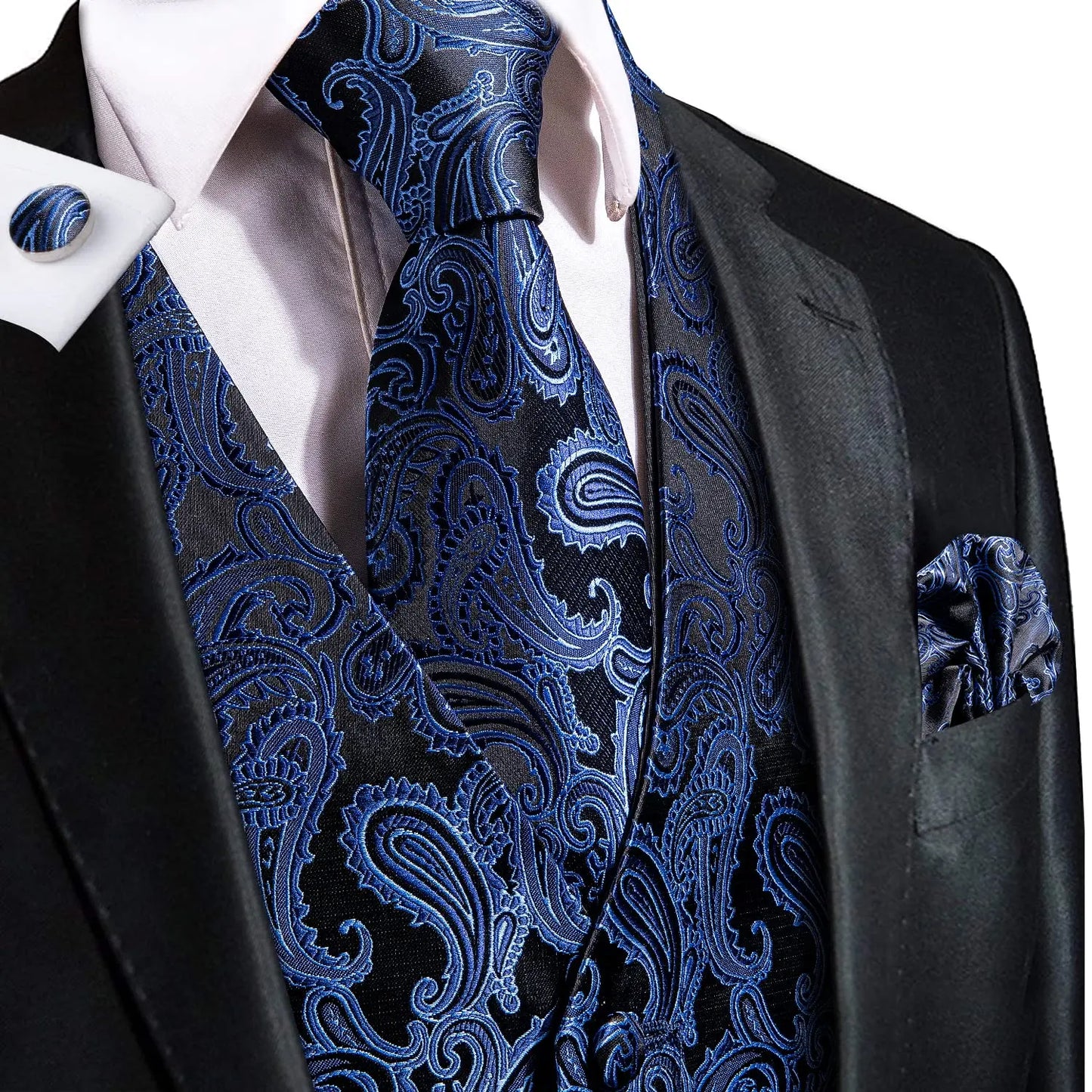 Luxury Men Silk Vest Gold Black Blue Red Green Purple Floral Waistcoat Tie Hanky Cufflinks Brooch Wedding Formal Business
