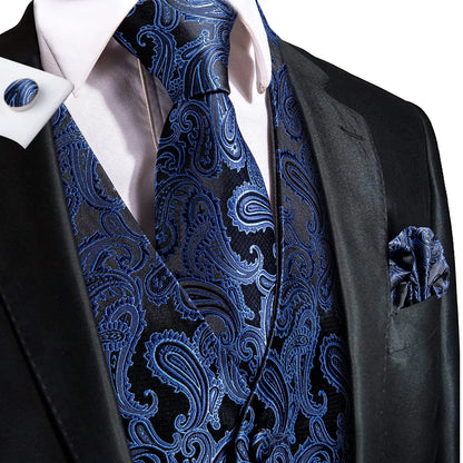 Luxury Men Silk Vest Gold Black Blue Red Green Purple Floral Waistcoat Tie Hanky Cufflinks Brooch Wedding Formal Business