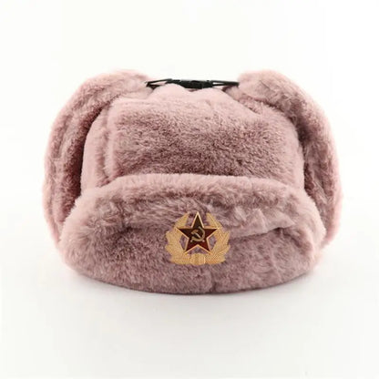 Soviet Badge Ushanka Men&Women Bomber Hats CCCP Army Pilot Trapper Trooper Hat Winter Faux Rabbit Fur Earflap Snow Caps