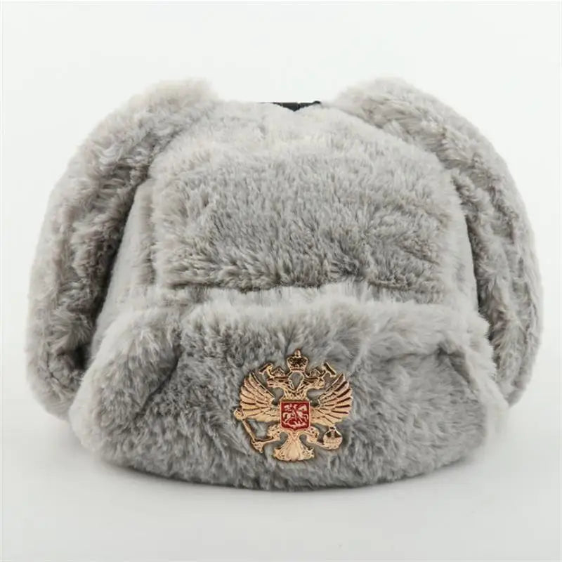Soviet Badge Ushanka Men&Women Bomber Hats CCCP Army Pilot Trapper Trooper Hat Winter Faux Rabbit Fur Earflap Snow Caps