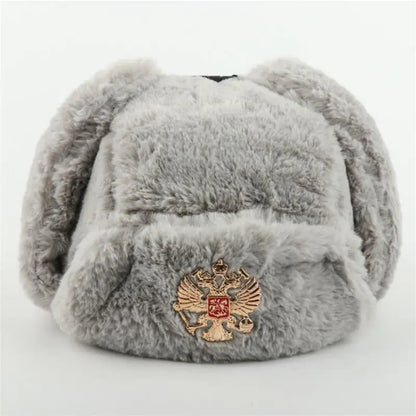 Soviet Badge Ushanka Men&Women Bomber Hats CCCP Army Pilot Trapper Trooper Hat Winter Faux Rabbit Fur Earflap Snow Caps