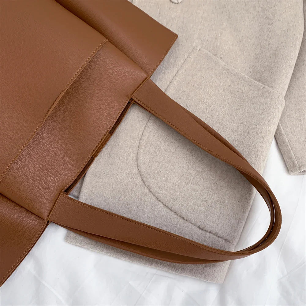 High Quality Soft Leather Woman Casual Tote Shopper Solid Color Handbags Large Capacity Single Shoulder Bag with Outer Pocket
