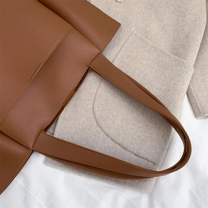 High Quality Soft Leather Woman Casual Tote Shopper Solid Color Handbags Large Capacity Single Shoulder Bag with Outer Pocket