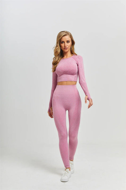 Women Seamless Yoga Set Fitness Sports Suits Gym Clothing Long Sleeve Crop Top Shirts High Waist Running Leggings Workout Pants