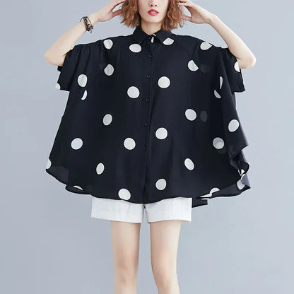 Black Vintage Polka Dot Print Blouse Women New Chiffon Lapel Short Sleeve Loose Casual Shirt Tops Fashion Summer Clothes 2026