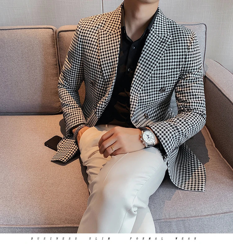 British Style Slim Fit Houndstooth Blazer For Men 2023 Fashion Double Breasted Business Office Wedding Dress Suit Jacket
