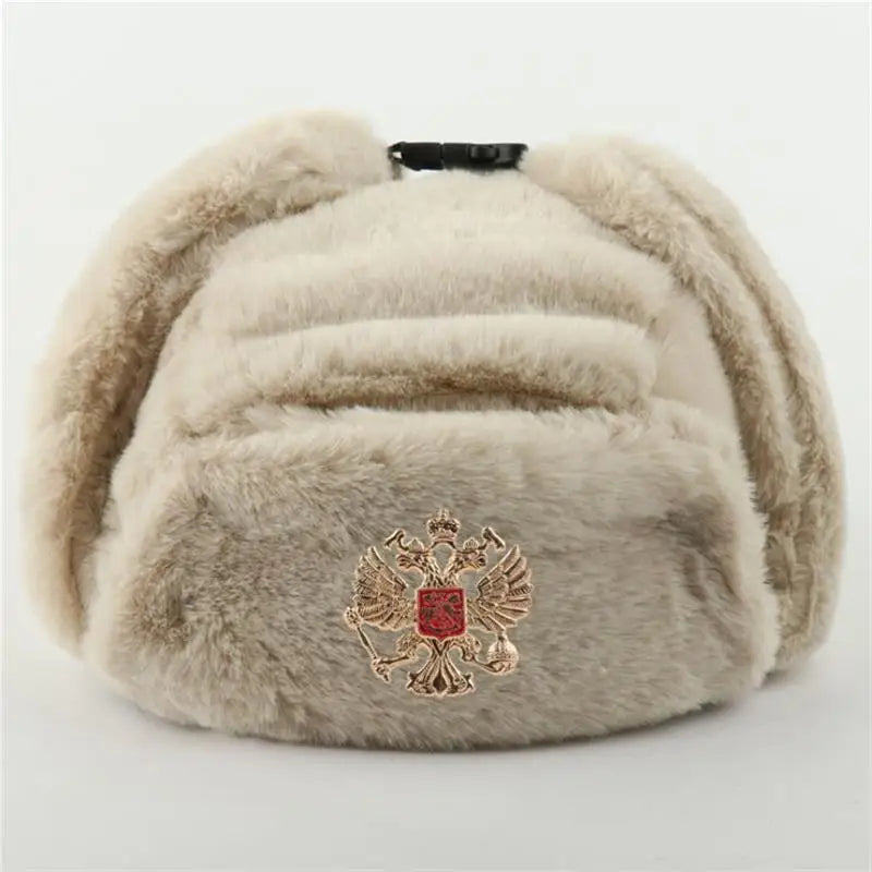 Soviet Badge Ushanka Men&Women Bomber Hats CCCP Army Pilot Trapper Trooper Hat Winter Faux Rabbit Fur Earflap Snow Caps