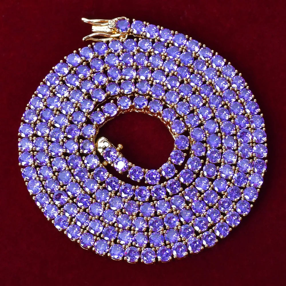 Purple Tennis Chain Necklace Hip Hop Rock Street Jewelry AAAAA Cubic Zirconia 24K Real Gold Color Plated