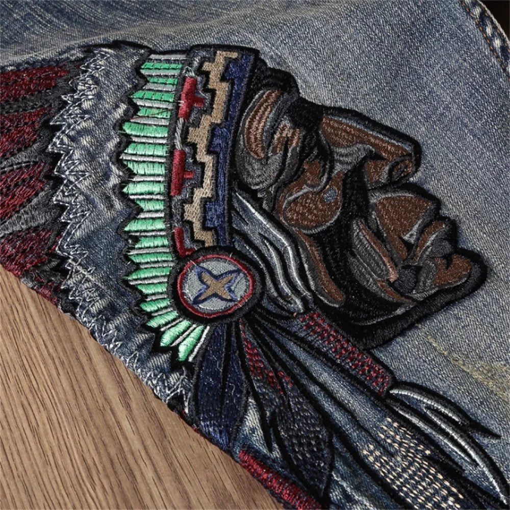 Indian Avatar Embroidered Jeans Men Scratch Long Cracks High Street Pants Soft Red Ears Blue Grey Slim 2020 Western Style