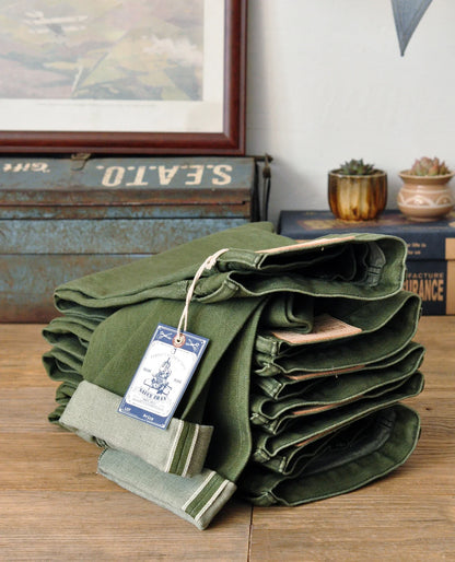 Men Jeans Vulcanization Olive Green 107 Selvedge Denim Jeans Men Washed Slim Fit 14 Oz Zipper Fly