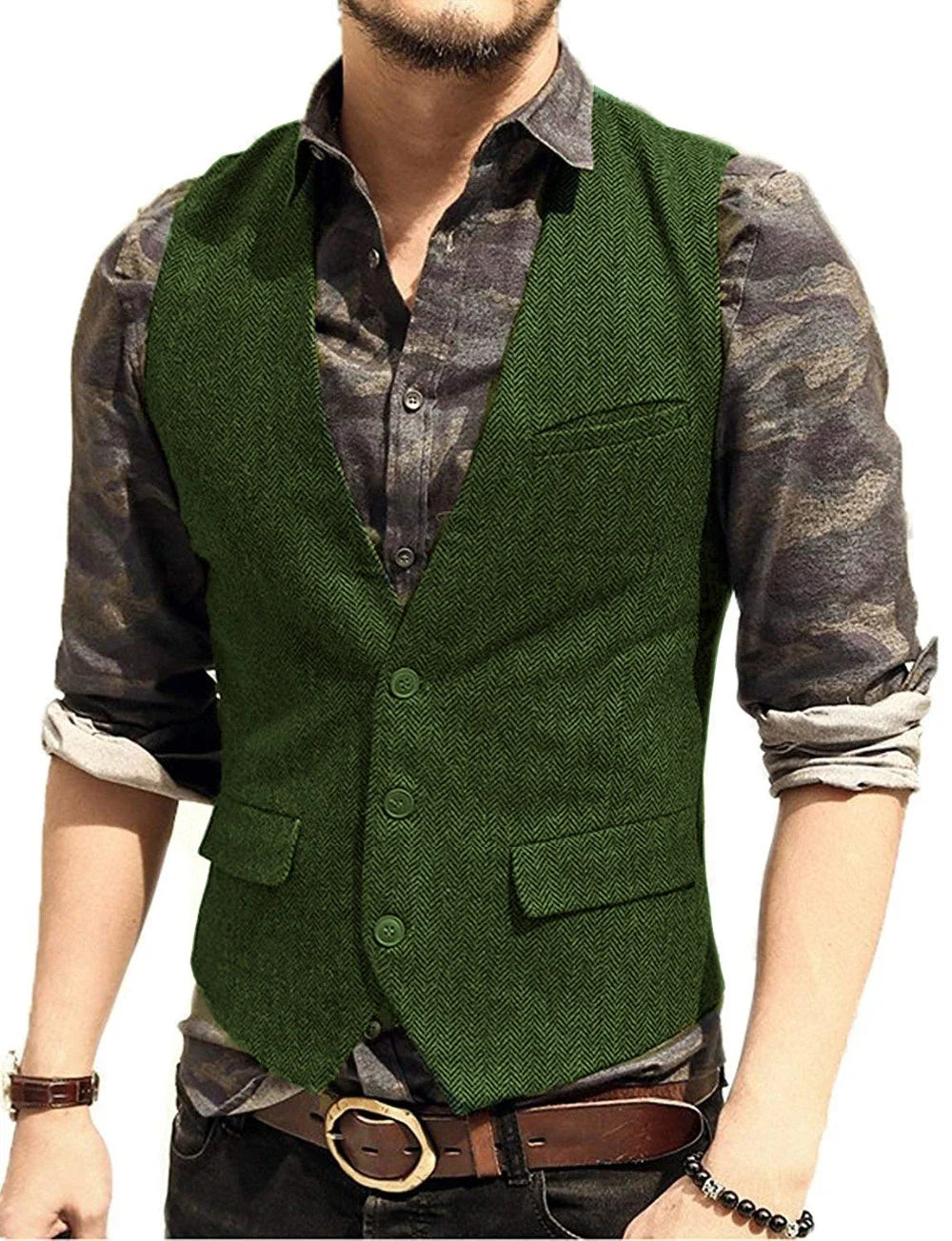 Men's Suit Vest V Neck Wool Herringbone Tweed Casual Waistcoat Formal Business Vest Groomman For Green/Black/Brown/Coffee