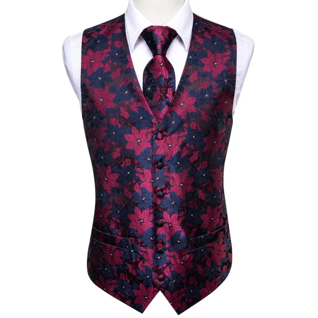 Jacquard Mens Suit Vests Gold Solid Plain 4PC Waistcoat Tie Hanky Cufflinks Set Business Wedding Dress Waist Jacket