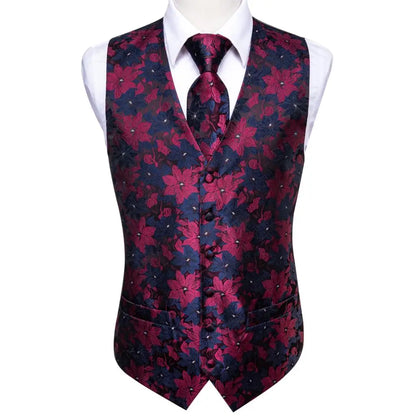 Jacquard Mens Suit Vests Gold Solid Plain 4PC Waistcoat Tie Hanky Cufflinks Set Business Wedding Dress Waist Jacket