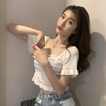 Knitted Fashion Blouse Woman Ruffle Youth Elegant Blouse Summer Crop Top Sexy Slim Fit Shirt Short Sleeve