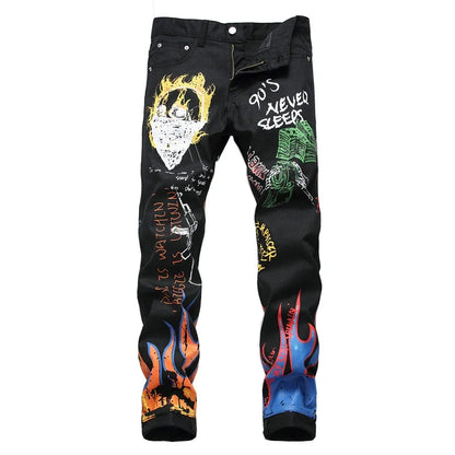 Men's Fashion Letters Flame Black Printed Jeans Slim Straight Colored Painted Stretch Pants