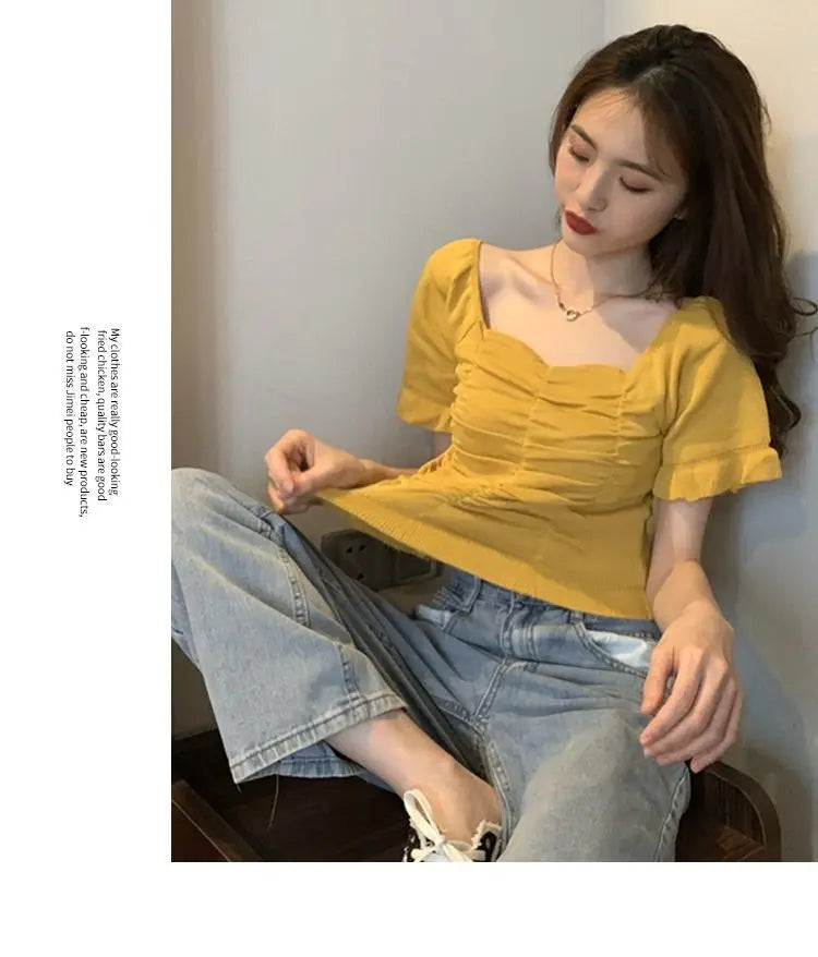 Knitted Fashion Blouse Woman Ruffle Youth Elegant Blouse Summer Crop Top Sexy Slim Fit Shirt Short Sleeve