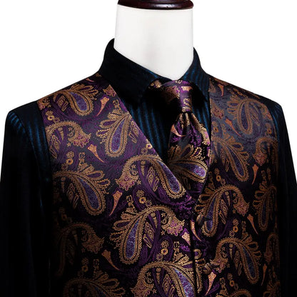 Silk Mens Vests Sleeveless Waist Jacket Jacquard Black Orange Floral Waistcoat Tie Hanky Cufflinks Set for Men Casual XXL