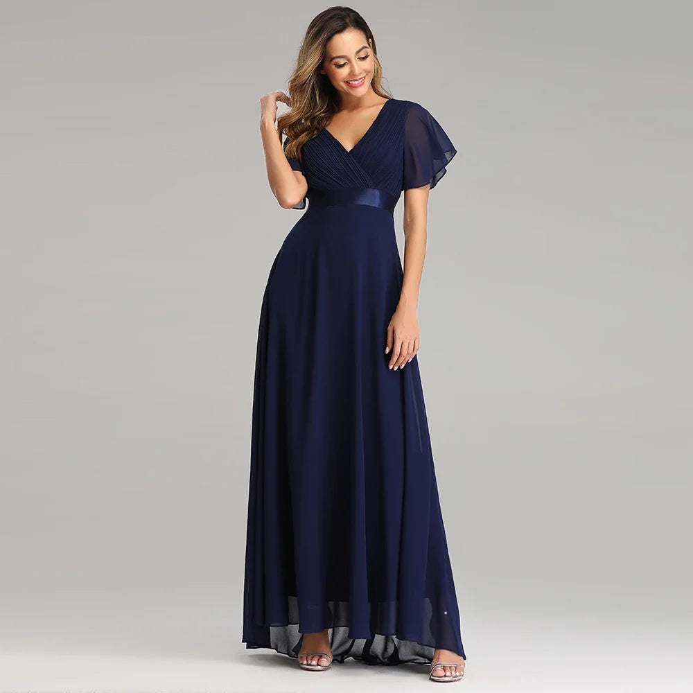 Evening Dresses Elegant V-Neck Ruffles Chiffon Formal Evening Gown  Robe Vestidos De Fiesta Dress for Wedding Party