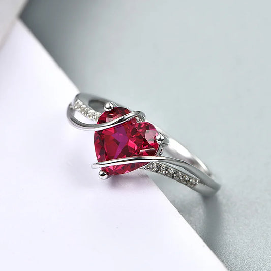 Bague en argent sterling 925 avec rubis en forme de cœur, 2,5 carats, pour femme, idéale pour les fêtes, mariages et fiançailles, cadeau romantique