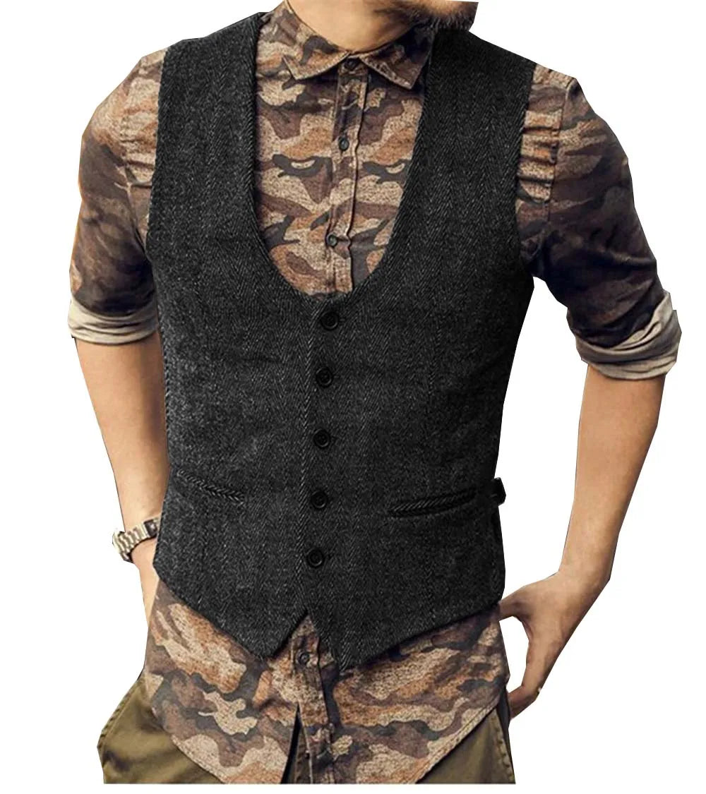 2022 Brown Men's Casual Herringbone Pattern Suit Vest Wool/Tweed Suit Vest U-neck Waistcoat Groomsmen For Wedding