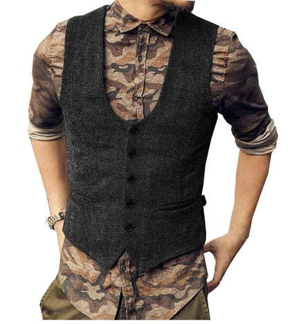 2022 Brown Men's Casual Herringbone Pattern Suit Vest Wool/Tweed Suit Vest U-neck Waistcoat Groomsmen For Wedding