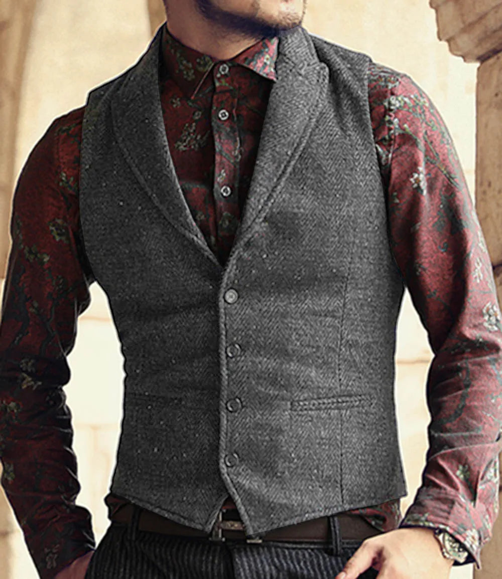Men's Classic Suit Vest Herringbone Pattern Business Waistcoat Notch Lapel Wool Tweed Groomsmen Waistcoat For Wedding