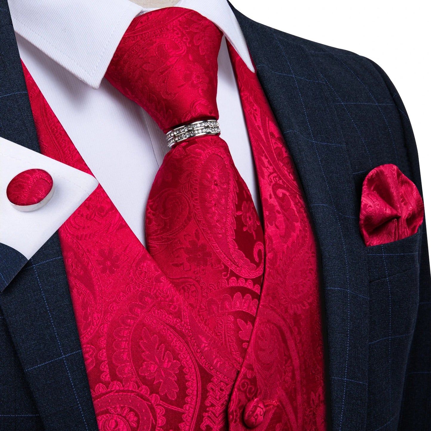 Classic Black Wedding Vest for Men Suit Vest Tie Ring Cufflinks Hanky Set for Party Formal Dress Business Casual Waistcoat