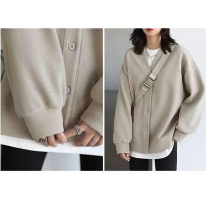 Korean Autumn Winter Women's Sports Coat Casual Loose V-neck Sweatshirt for Women Thick Warm Tops Office Lady Female