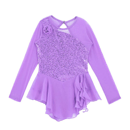 Girls Figure Ice Skating Dress Sparkly Sequin Gymnastics Dance Ballet Tutu Leotard Kids Long Sleeve Mesh Splice Dance Costume
