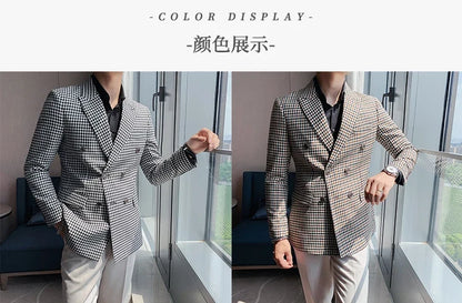 British Style Slim Fit Houndstooth Blazer For Men 2023 Fashion Double Breasted Business Office Wedding Dress Suit Jacket