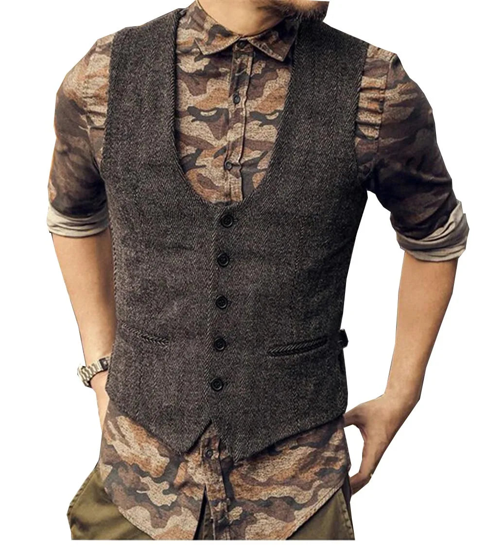 2022 Brown Men's Casual Herringbone Pattern Suit Vest Wool/Tweed Suit Vest U-neck Waistcoat Groomsmen For Wedding
