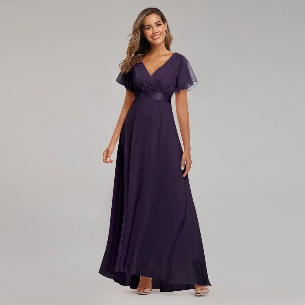 Evening Dresses Elegant V-Neck Ruffles Chiffon Formal Evening Gown  Robe Vestidos De Fiesta Dress for Wedding Party
