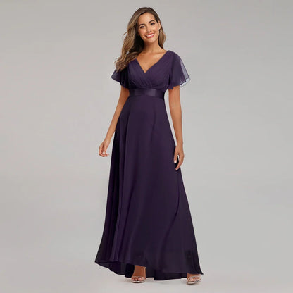Evening Dresses Elegant V-Neck Ruffles Chiffon Formal Evening Gown  Robe Vestidos De Fiesta Dress for Wedding Party