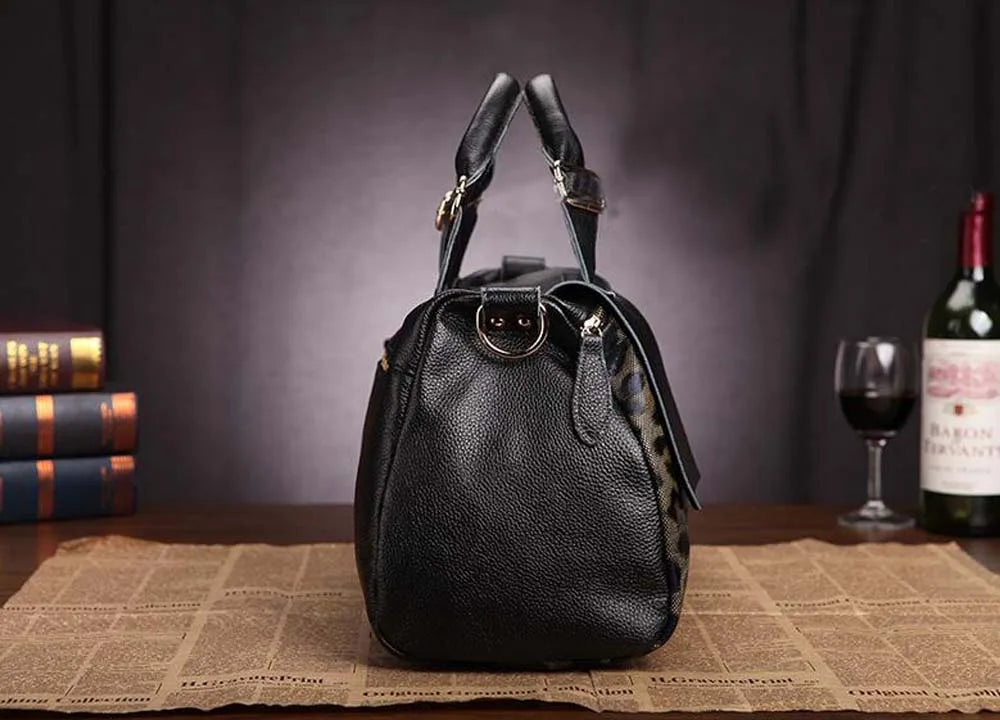 Genuine Leather Tote Handbags for Women, Leopard Shaped Cow Skin Office Bag with Long Strap, Luxury Crossbody Shoulder Bags